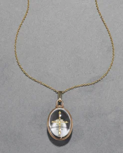 Antique Early 1900s 14k Gold Cross with Quartz Pendant Necklace