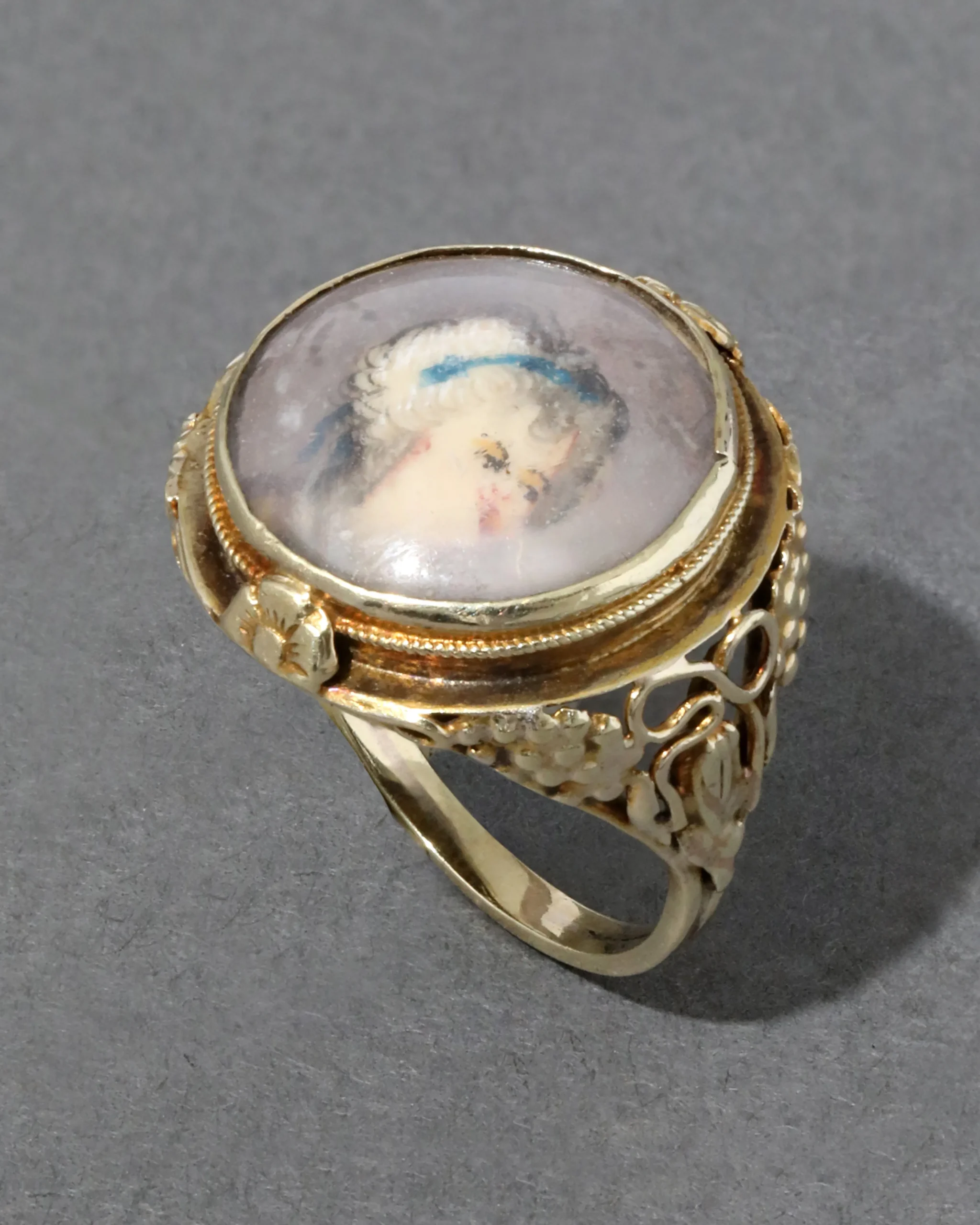 Antique Early 1800s 14k Gold English Hand Painted Portrait Floral Shank Ring