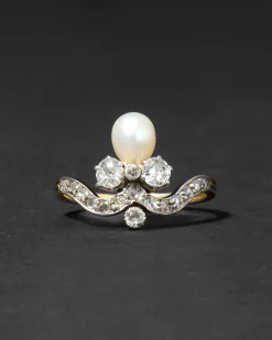Antique Early 1800s 14k Gold Pearl & Diamond Tiara Style Ring
