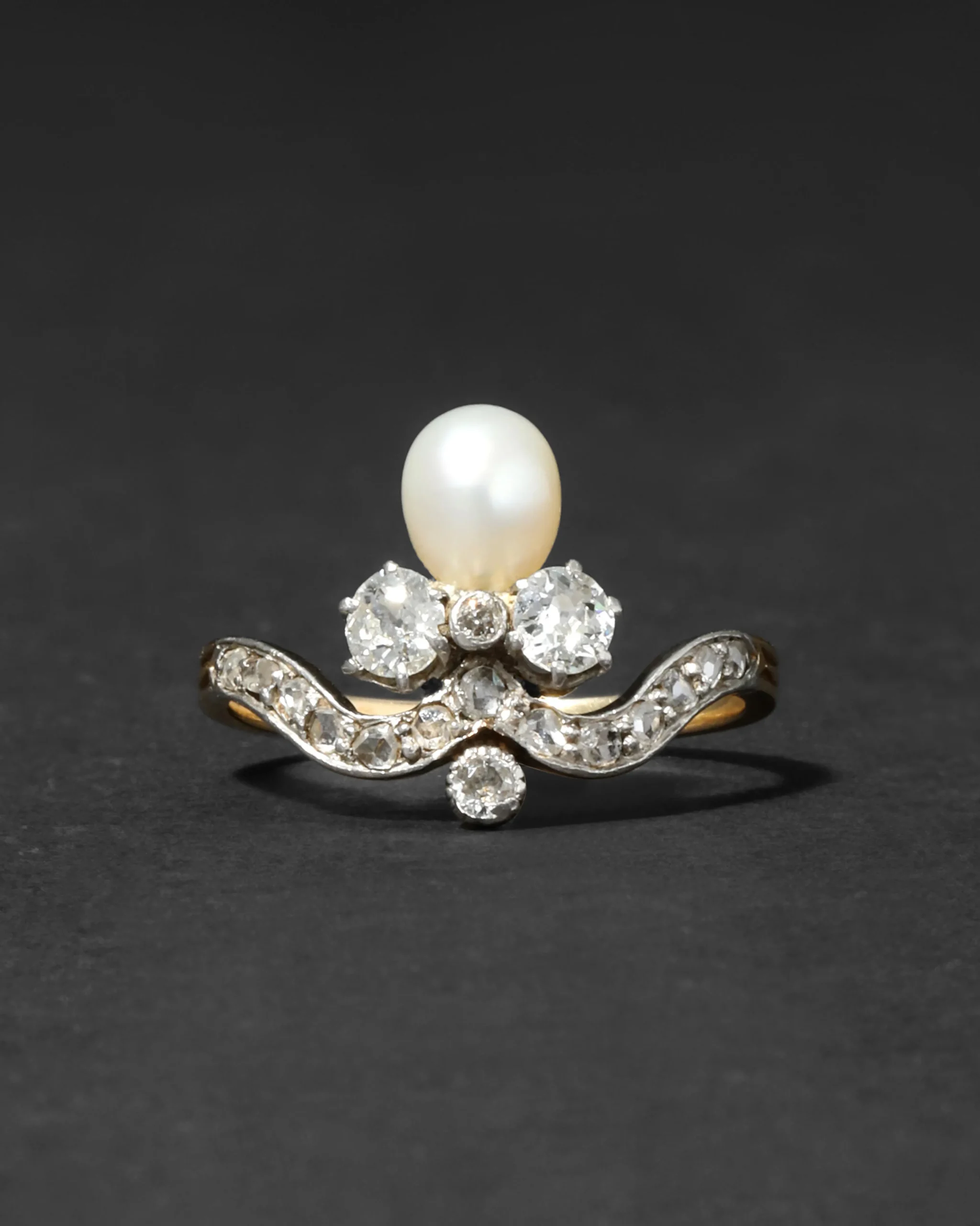 Antique Early 1800s 14k Gold Pearl & Diamond Tiara Style Ring
