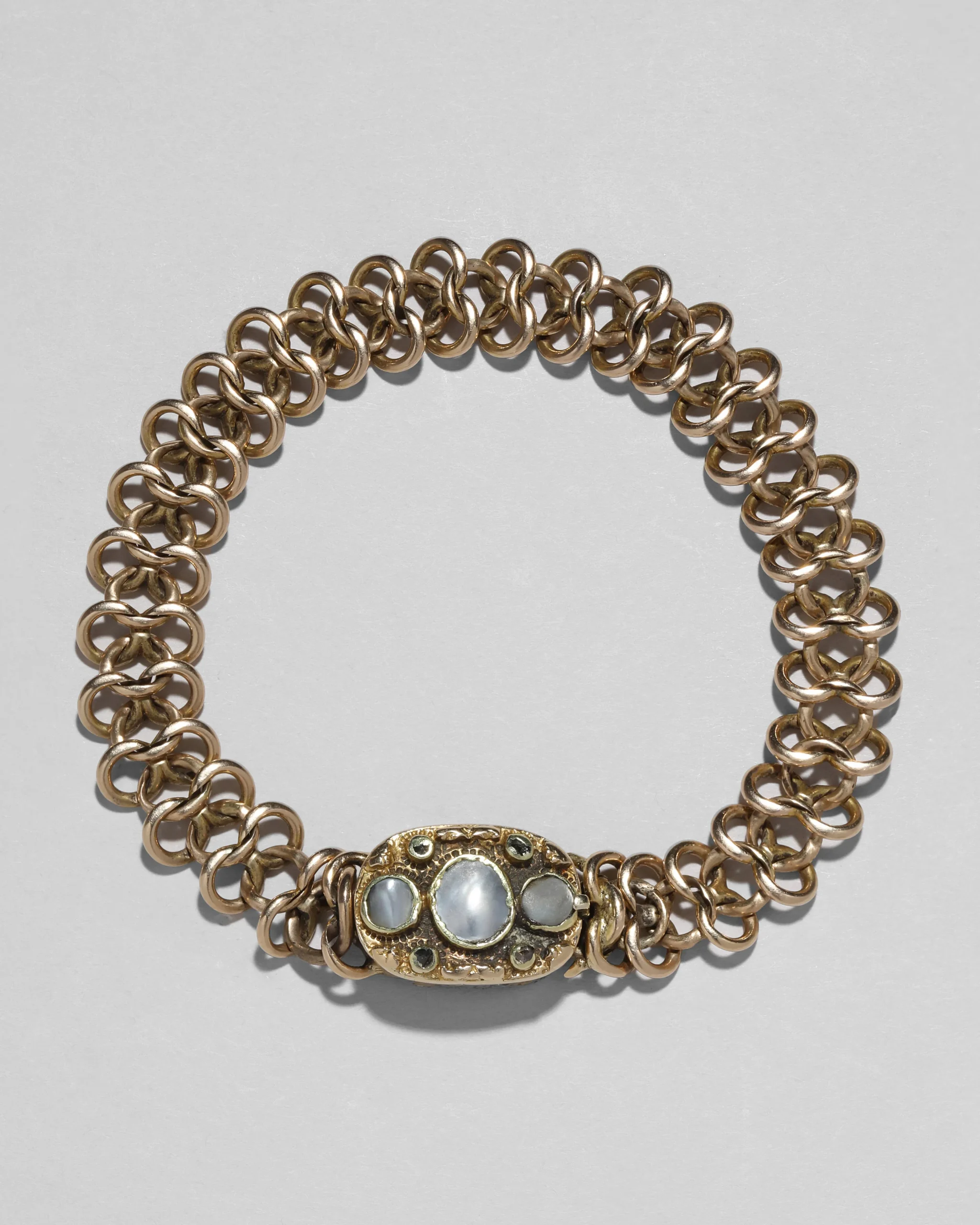 Antique Early 1800s 14k Gold with Mother of Pearl & Diamond Hand Engraved Link Bracelet