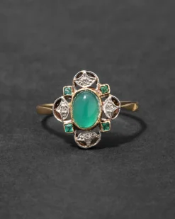 Antique Early 1900s 14k Gold with Emerald & Diamond Abstract Floral Design Ring