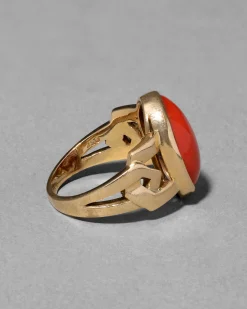 Antique Edwardian 1910s 18k Gold & Coral Modern Design Shank Ring