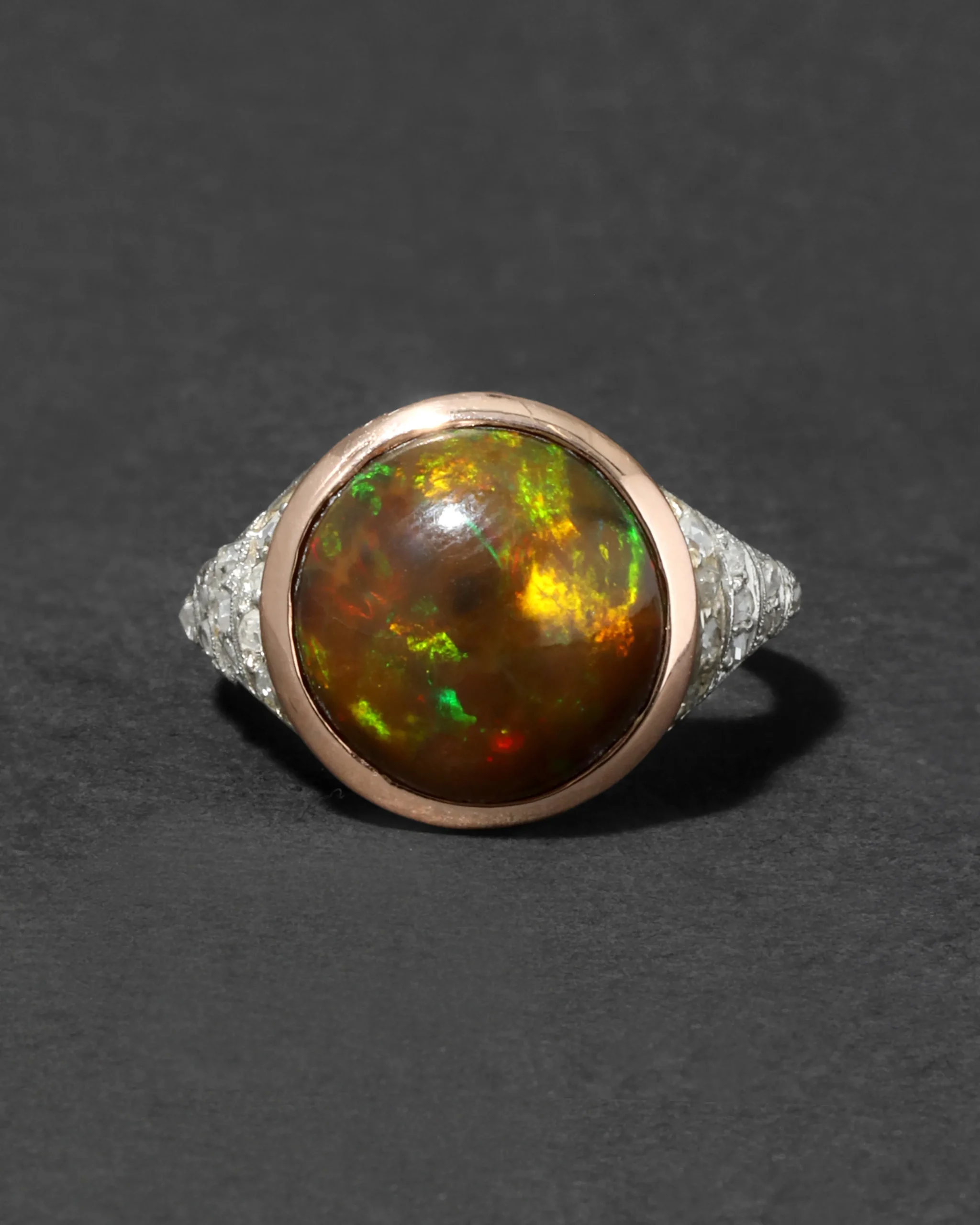 Antique Edwardian 1910s 14k Rose Gold Platinum Opal & Diamond Band Ring