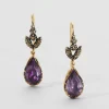 Antique 14k Gold and Sterling Silver Earrings with Amethyst and Leafy Diamond Tops