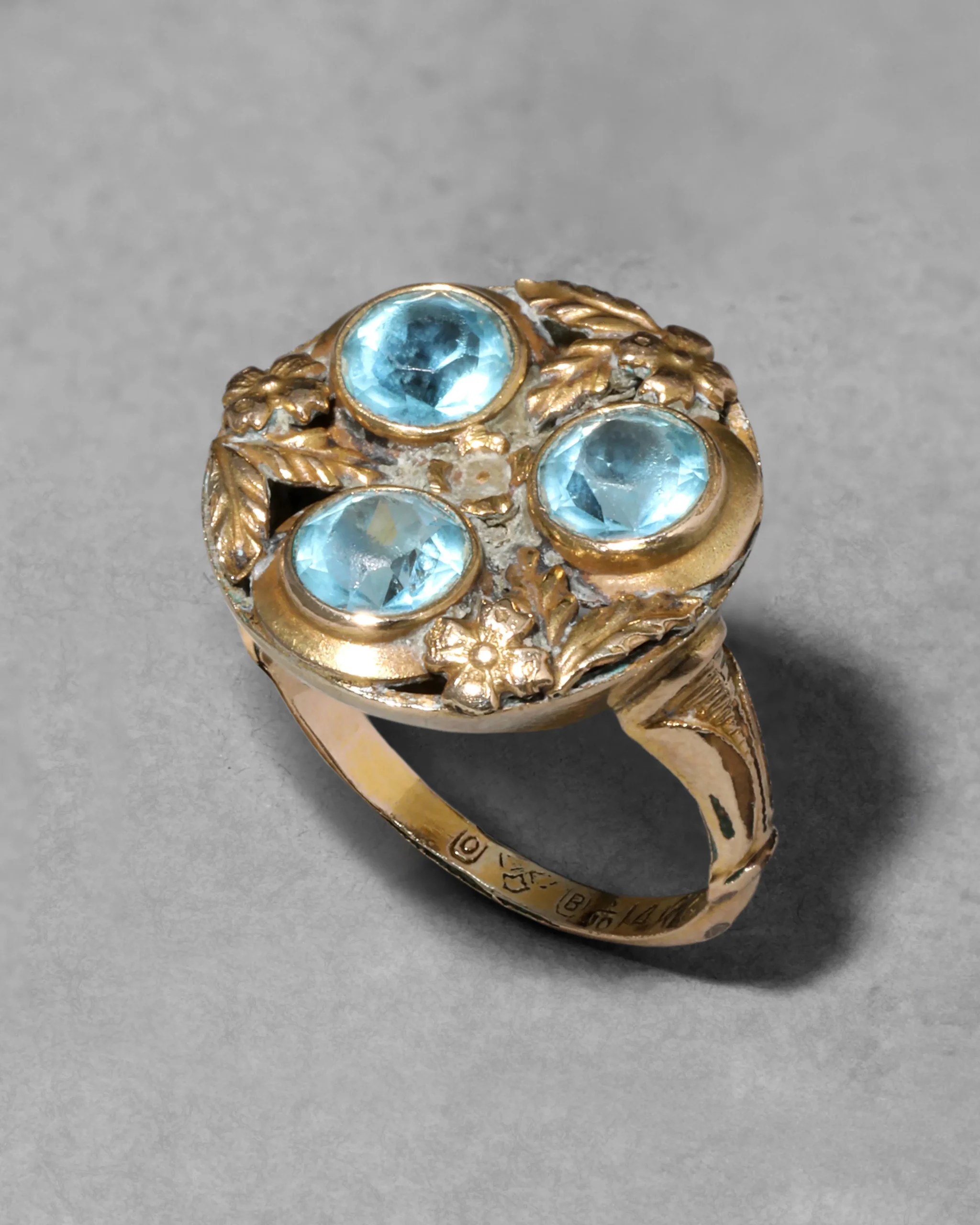 Antique 1920s 14k Gold Fill with Aquamarine Crystal Ornate Ring