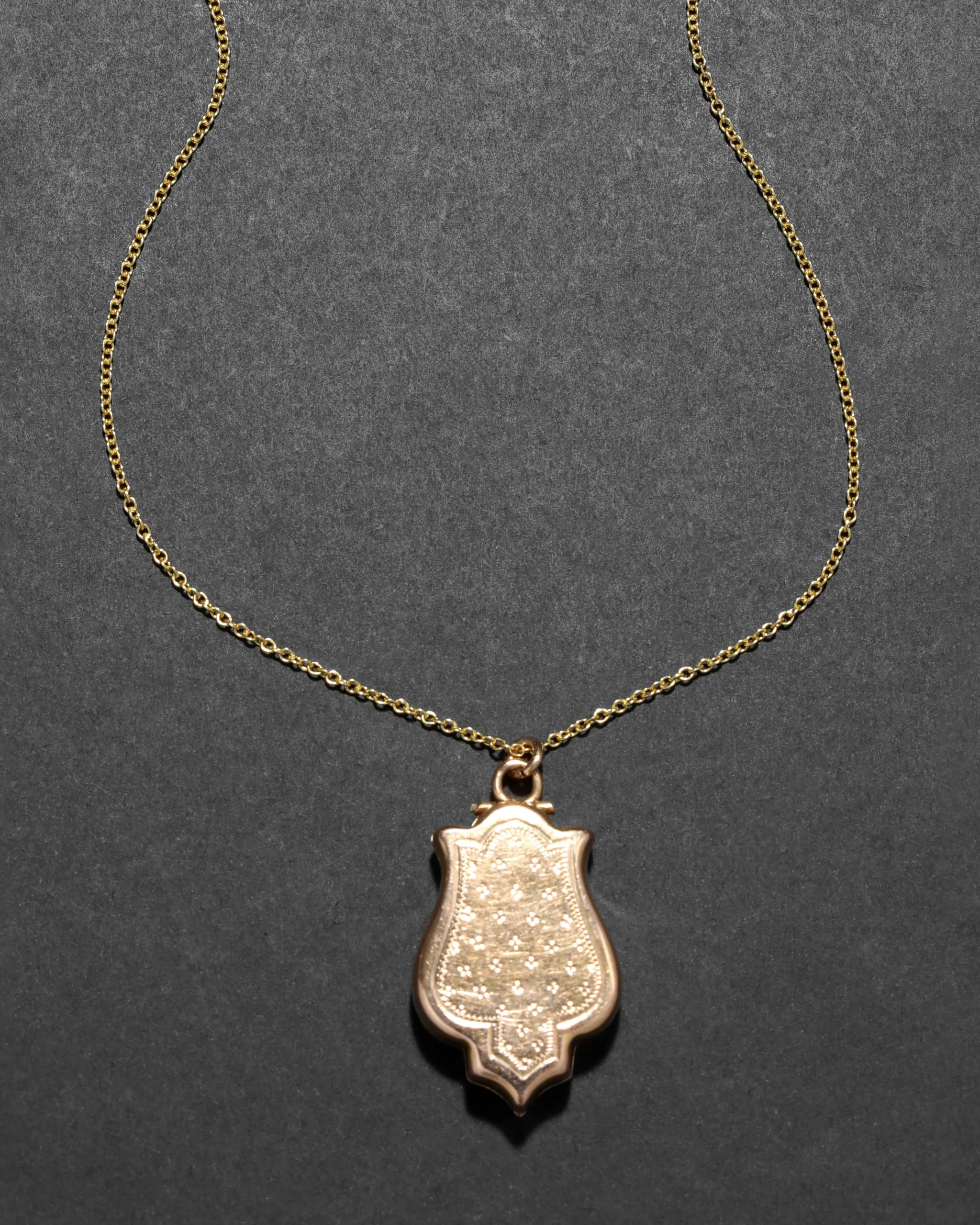 Antique 1910s 14k Gold Hand Etched Unique Shape Locket Pendant Necklace