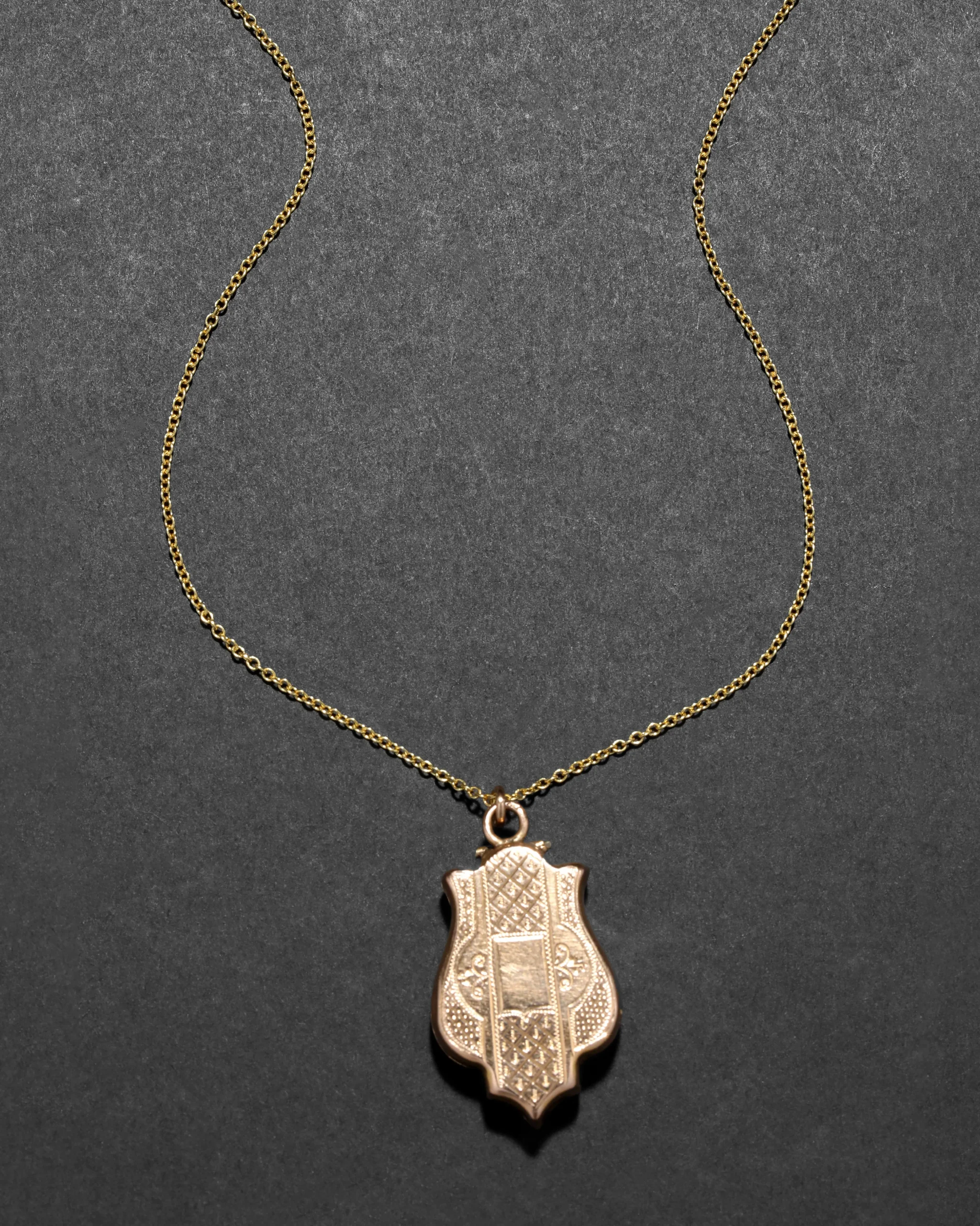 Antique 1910s 14k Gold Hand Etched Unique Shape Locket Pendant Necklace