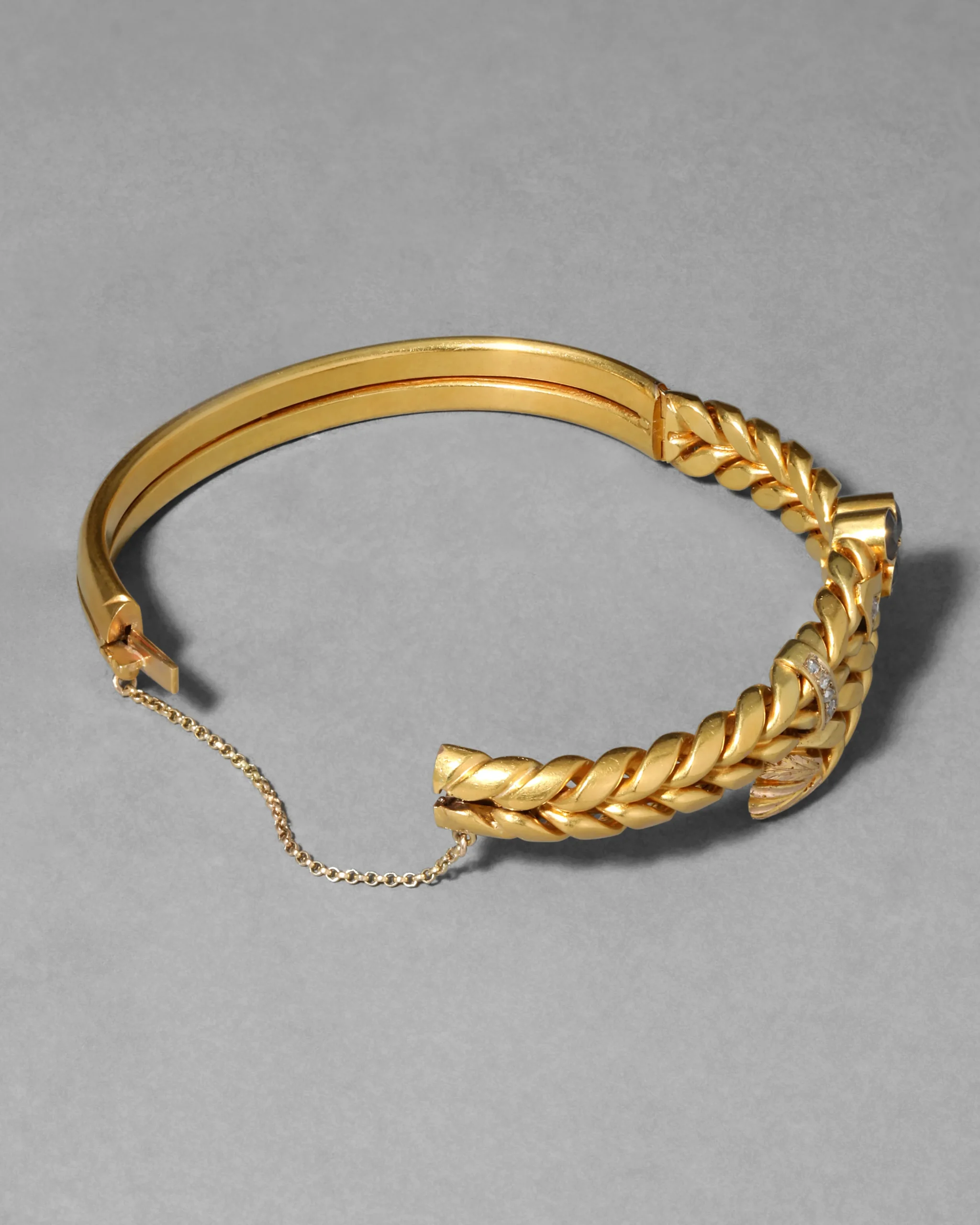 Antique 1870s 14k Gold Sapphire & Rose Cut Diamond Hinge Bracelet