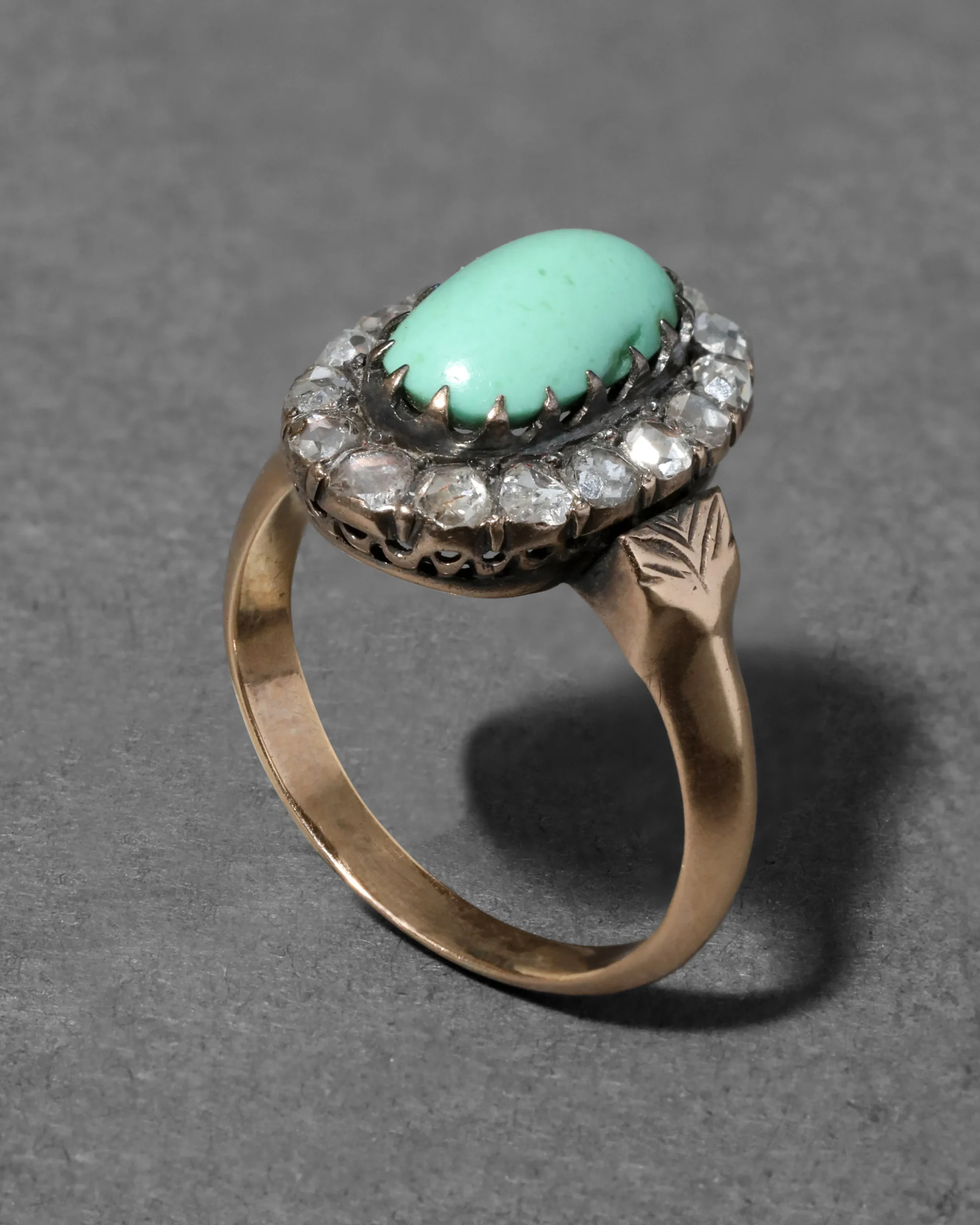 Antique 1800s 14k Gold with Turquoise Surrounded by Diamond Halo Ring