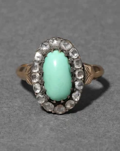 Antique 1800s 14k Gold with Turquoise Surrounded by Diamond Halo Ring