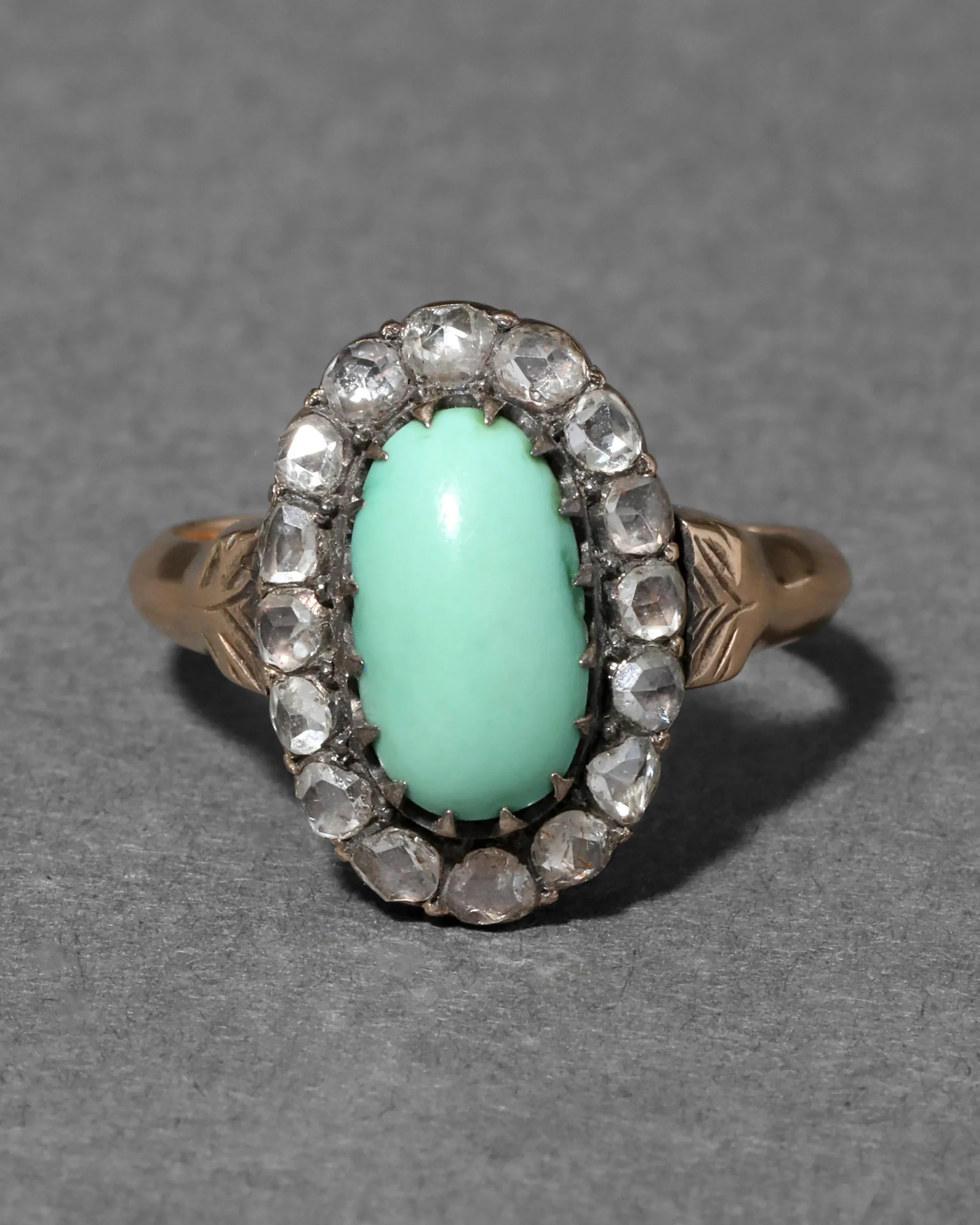 Antique 1800s 14k Gold with Turquoise Surrounded by Diamond Halo Ring