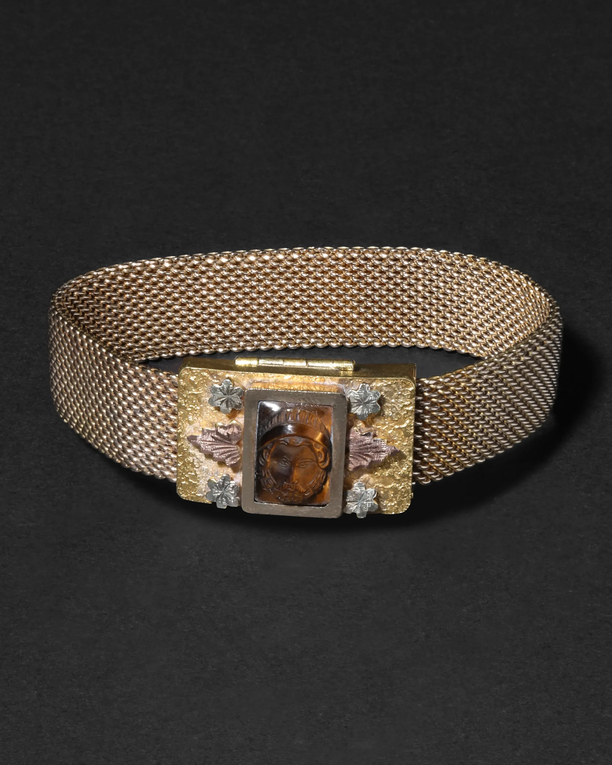 Antique 1800s 14k Tricolor Gold Fill & Hand-Carved Tigers Eye Handmade Bracelet 1