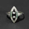 Antique 1910s 14k White Gold with Diamond, Emerald & Onyx Marquis Ring