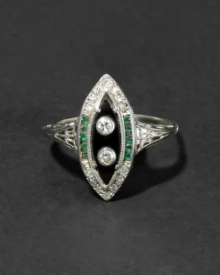 Antique 1910s 14k White Gold with Diamond, Emerald & Onyx Marquis Ring