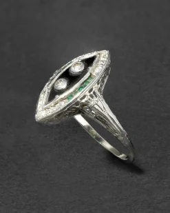 Antique 1910s 14k White Gold with Diamond, Emerald & Onyx Marquis Ring