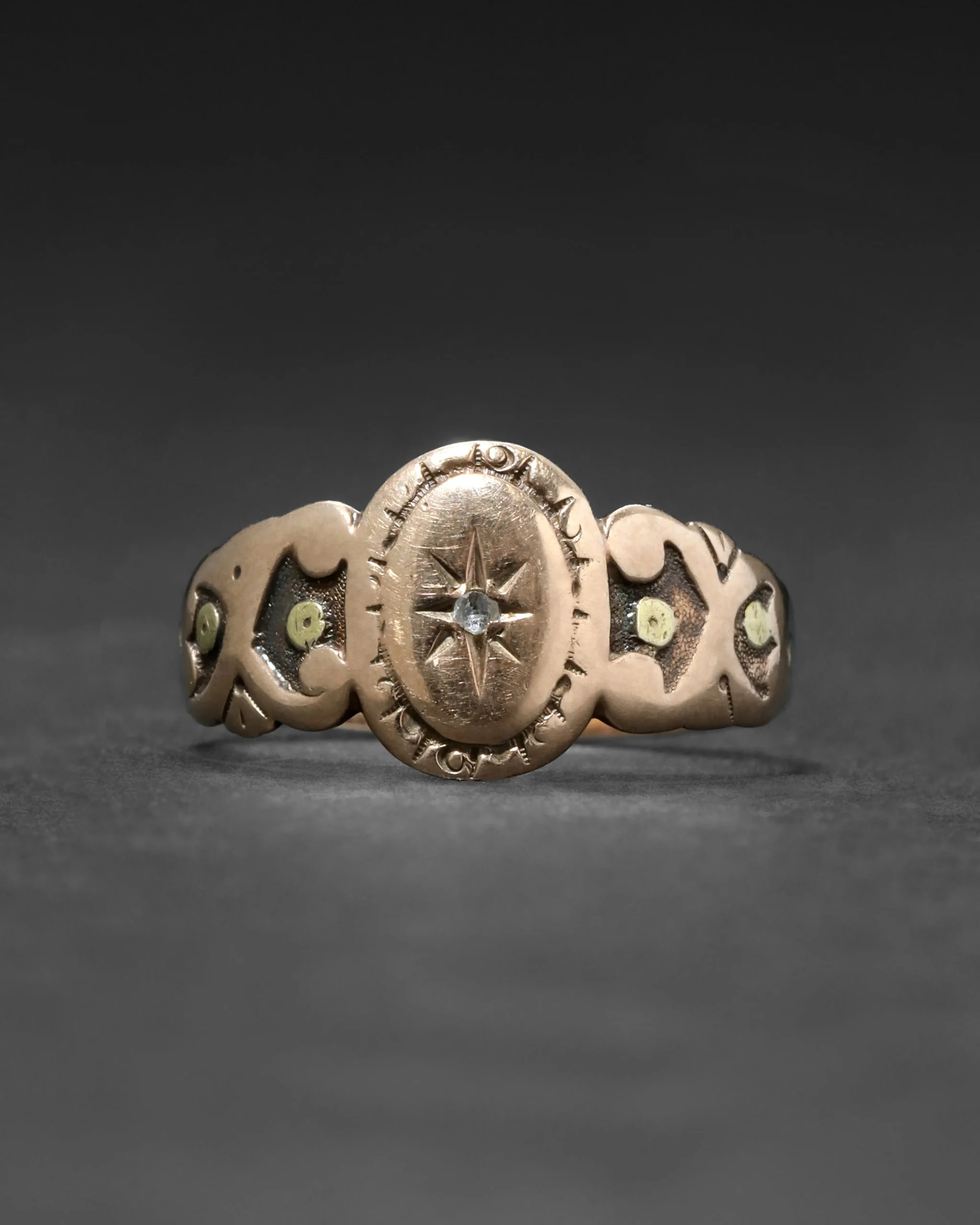 Antique 1800s 10k Yellow & Rose Gold Signet Ring with Diamond Star Motif