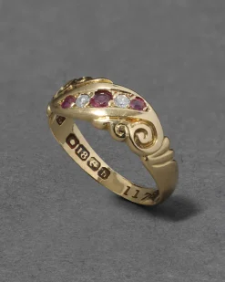 Antique Victorian English 1800s 14k Gold with Ruby & Diamond Band Ring