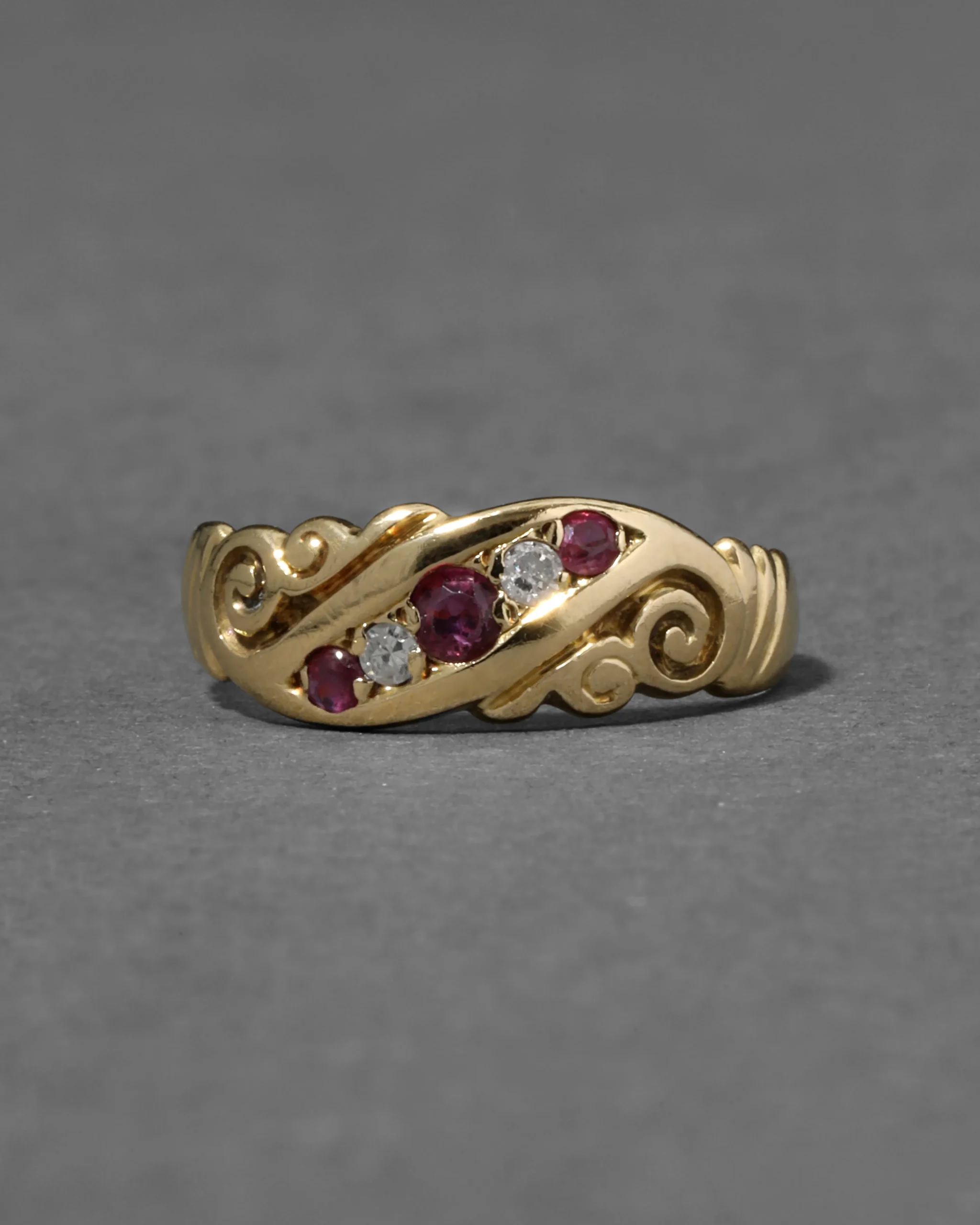 Antique Victorian English 1800s 14k Gold with Ruby & Diamond Band Ring