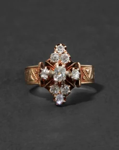 Antique Victorian English 14k Gold & Diamond Hand Etched Ornate Ring
