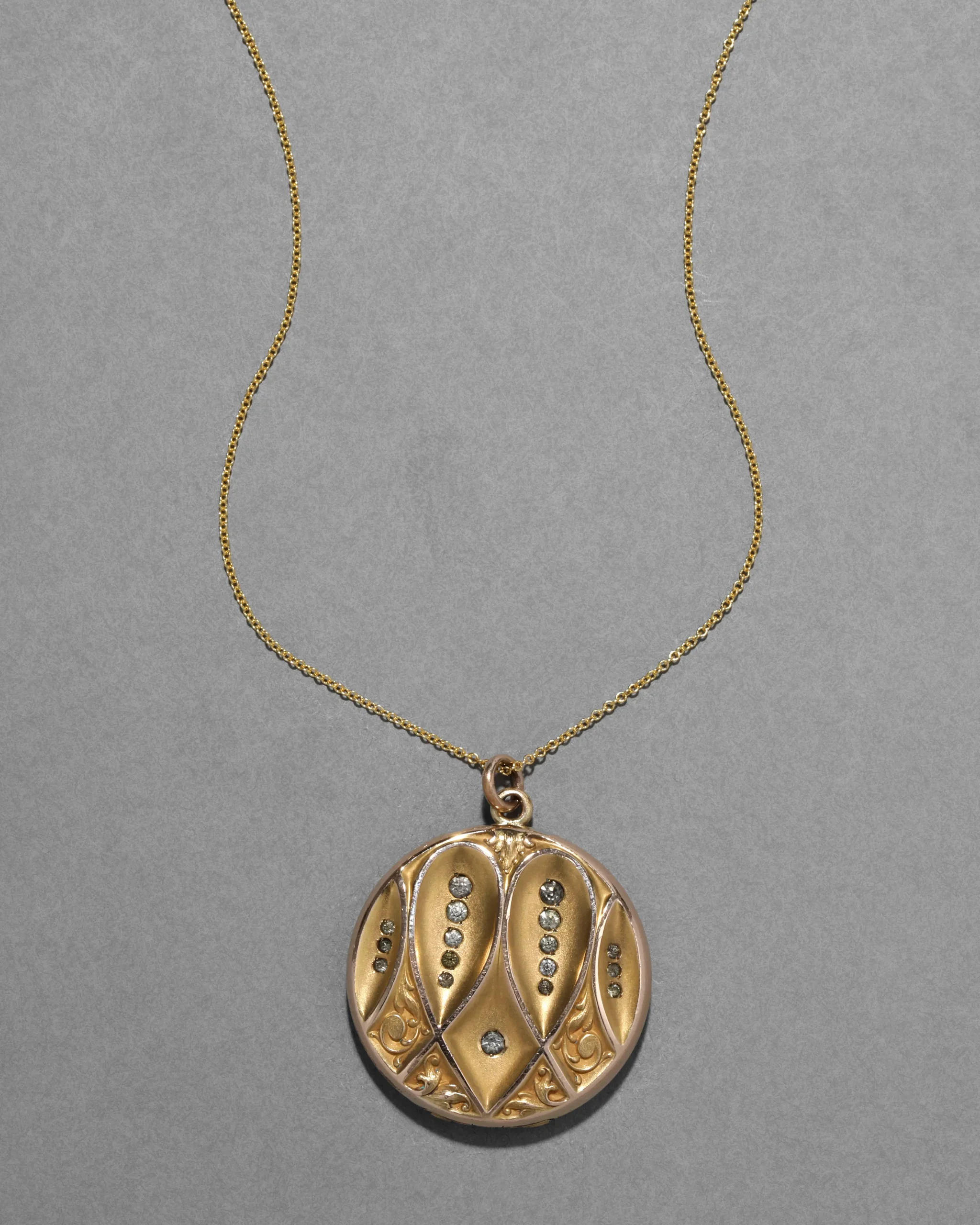 Antique Victorian 1800s 14k Gold Fill & Paste Crystal Patterned Locket Pendant Necklace