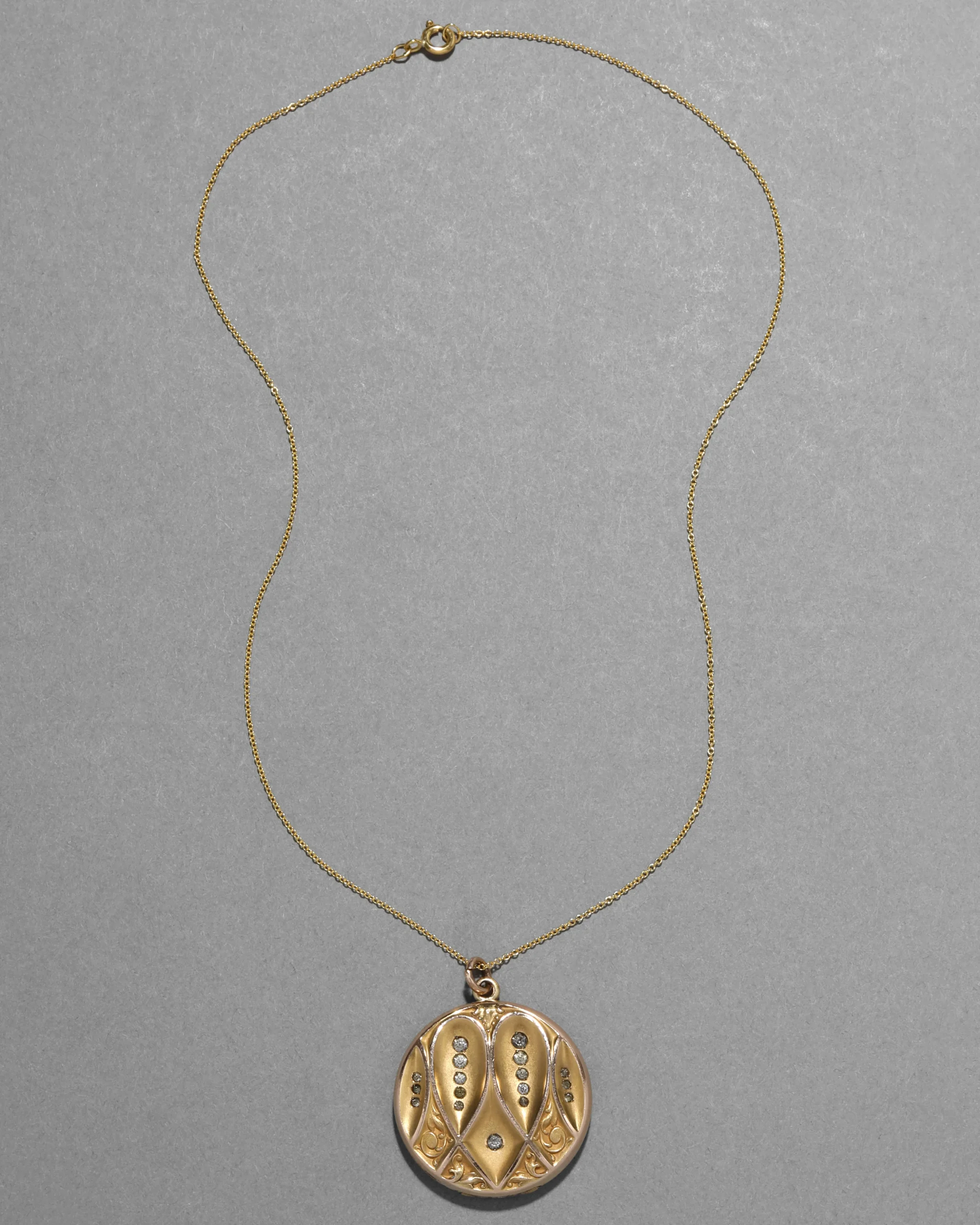Antique Victorian 1800s 14k Gold Fill & Paste Crystal Patterned Locket Pendant Necklace