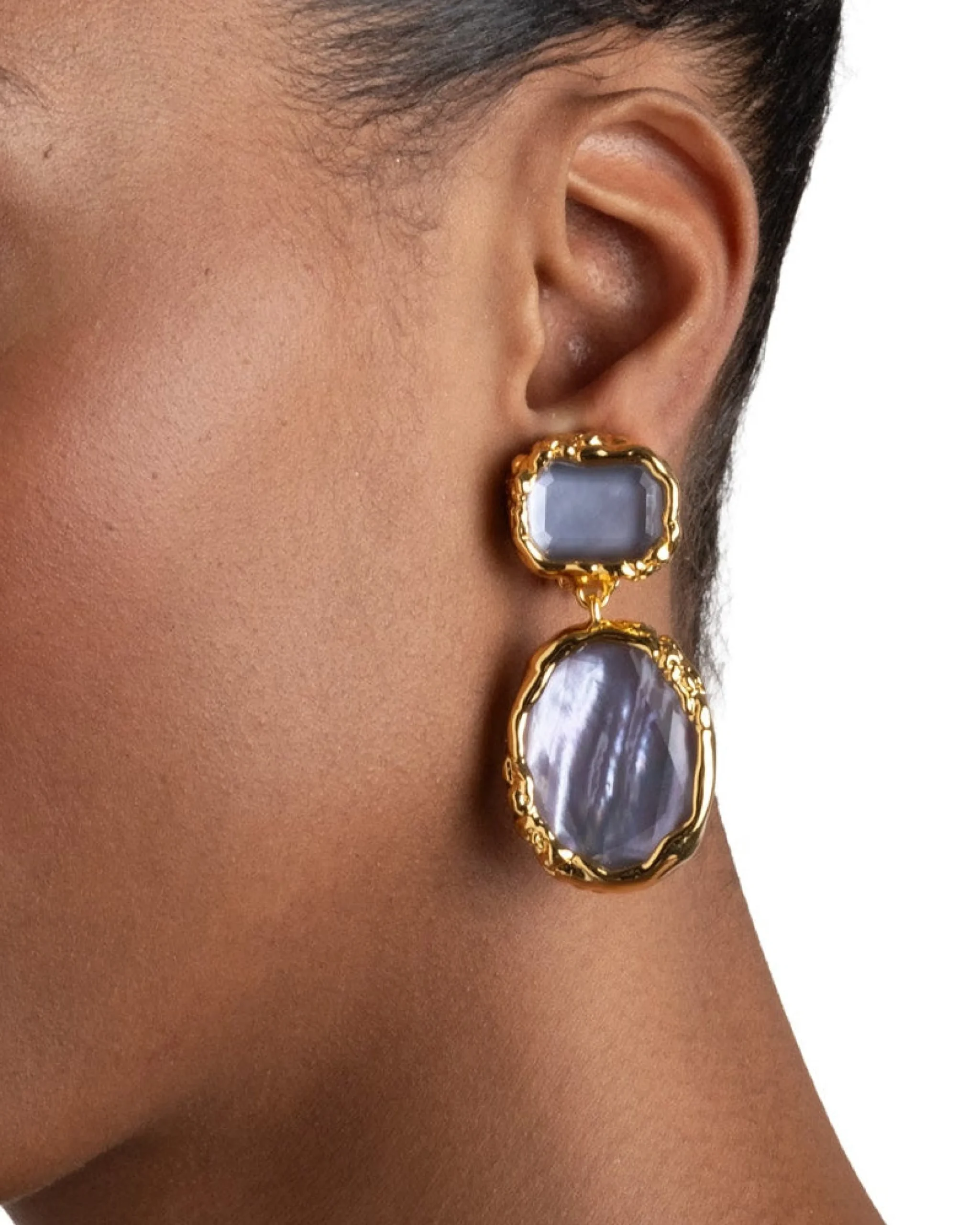 Brut Gold Bezel Drop Clip Earring- Iolite Mother of Pearl