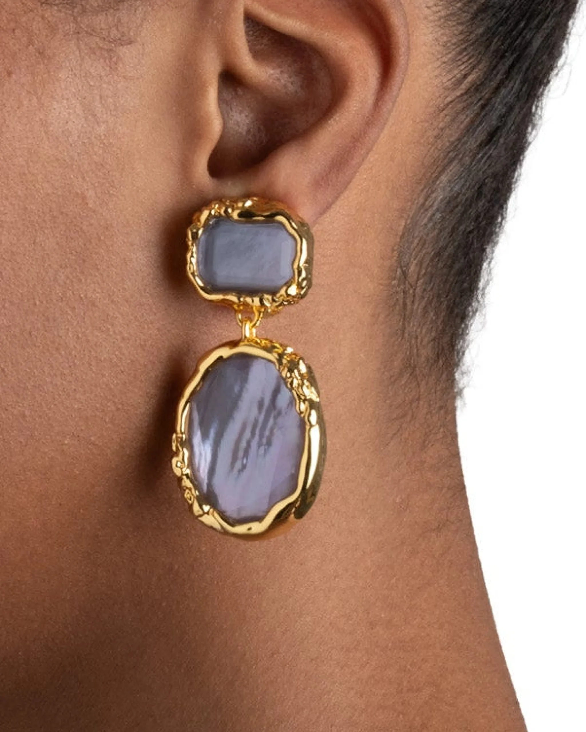 Brut Gold Bezel Drop Clip Earring- Iolite Mother of Pearl