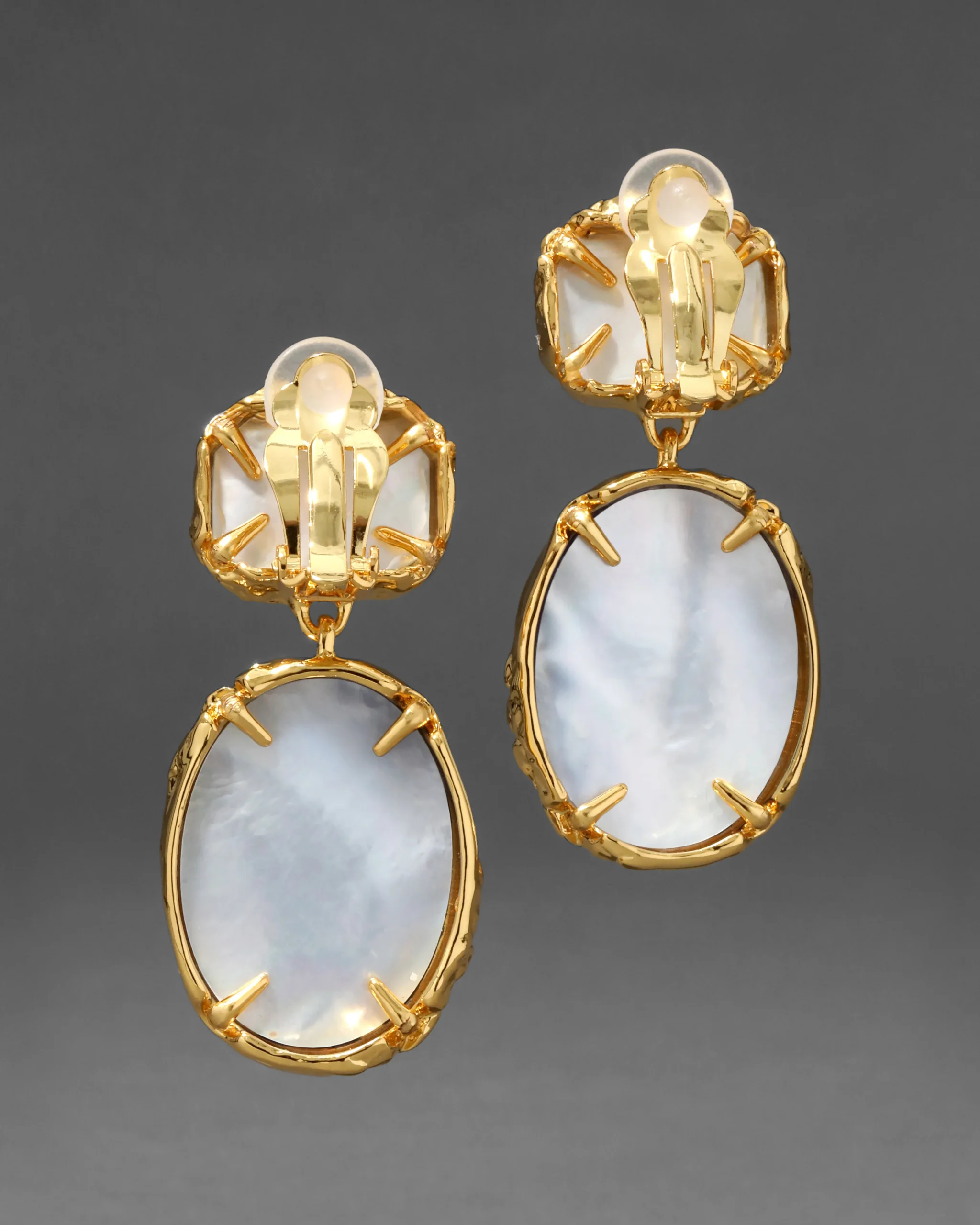 Brut Gold Bezel Drop Clip Earring- Iolite Mother of Pearl