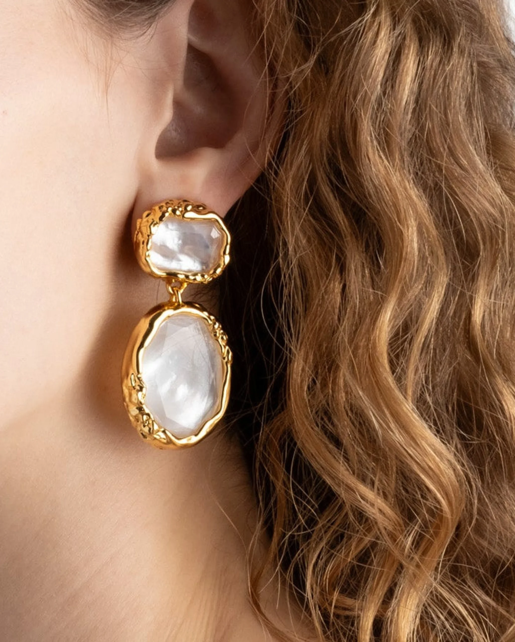 Brut Gold Bezel Drop Clip Earring- White Mother of Pearl
