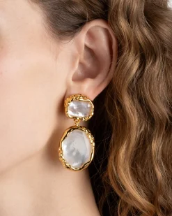 Brut Gold Bezel Drop Clip Earring- White Mother of Pearl