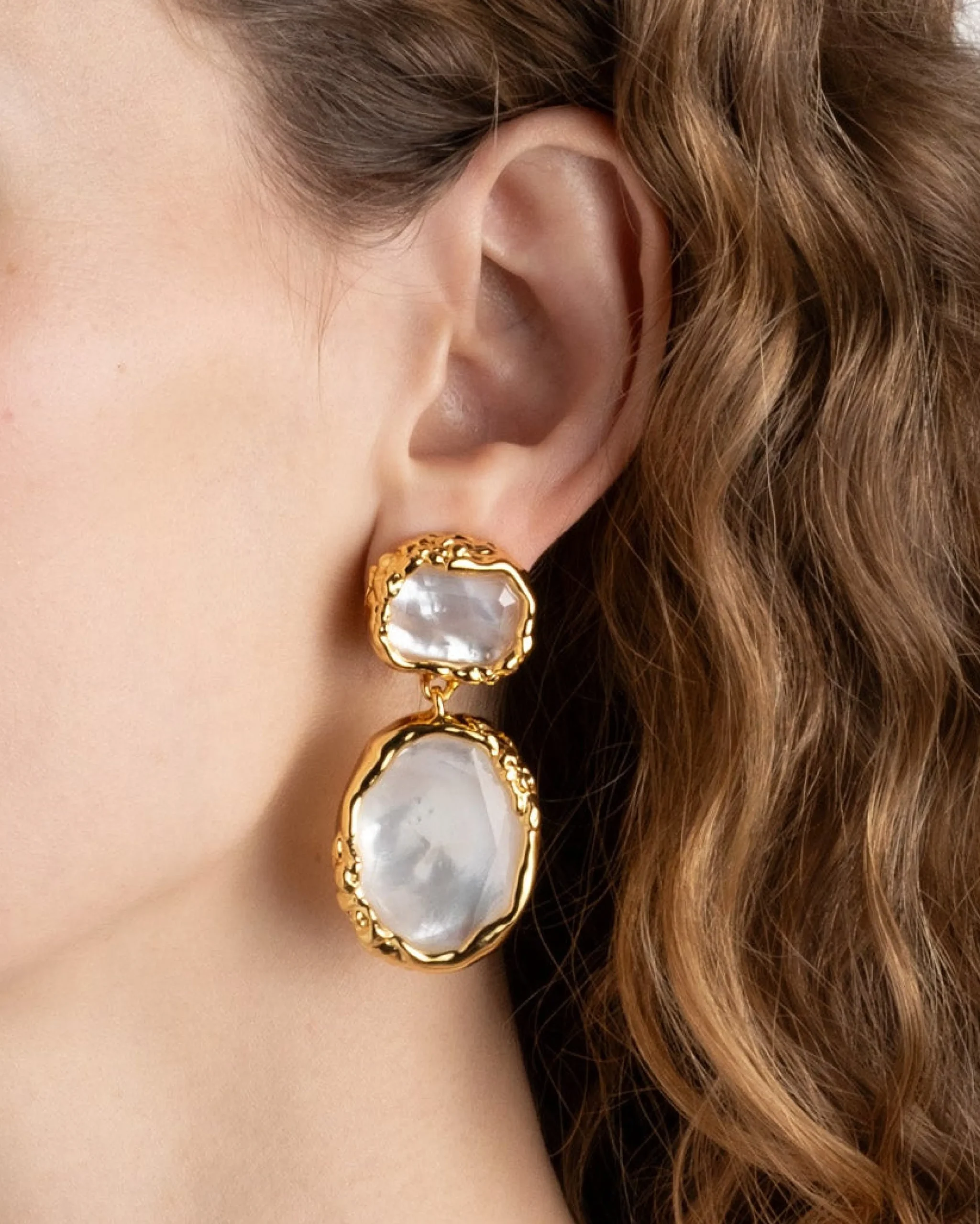 Brut Gold Bezel Drop Clip Earring- White Mother of Pearl