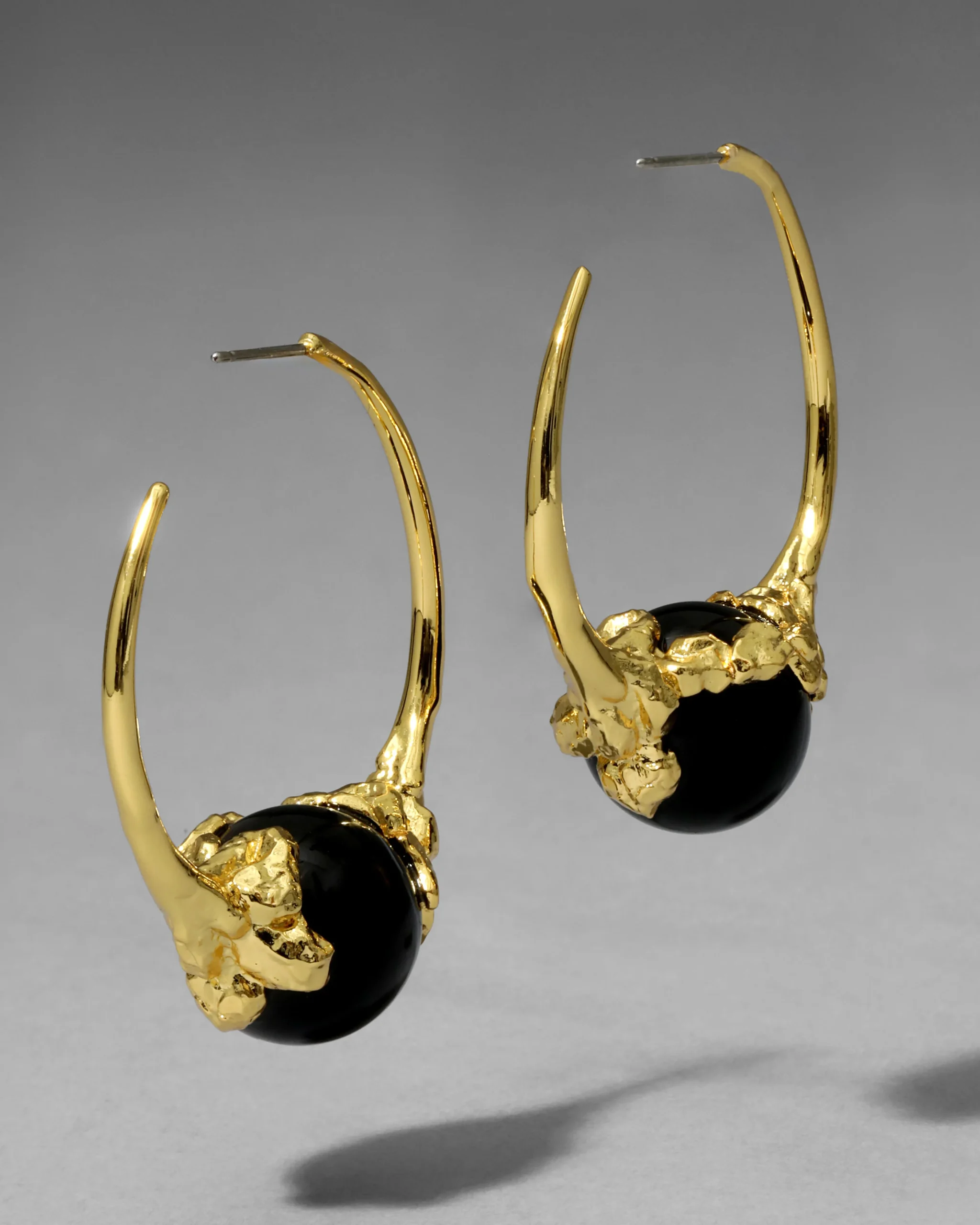 Brut Gold Capped Black Agate Hoop Earring