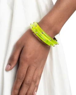 Crystal Studded Lucite Hinge Bracelet- Fluorescent Yellow