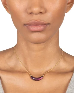 Gold Capped Crescent Lucite Necklace- Black Cherry