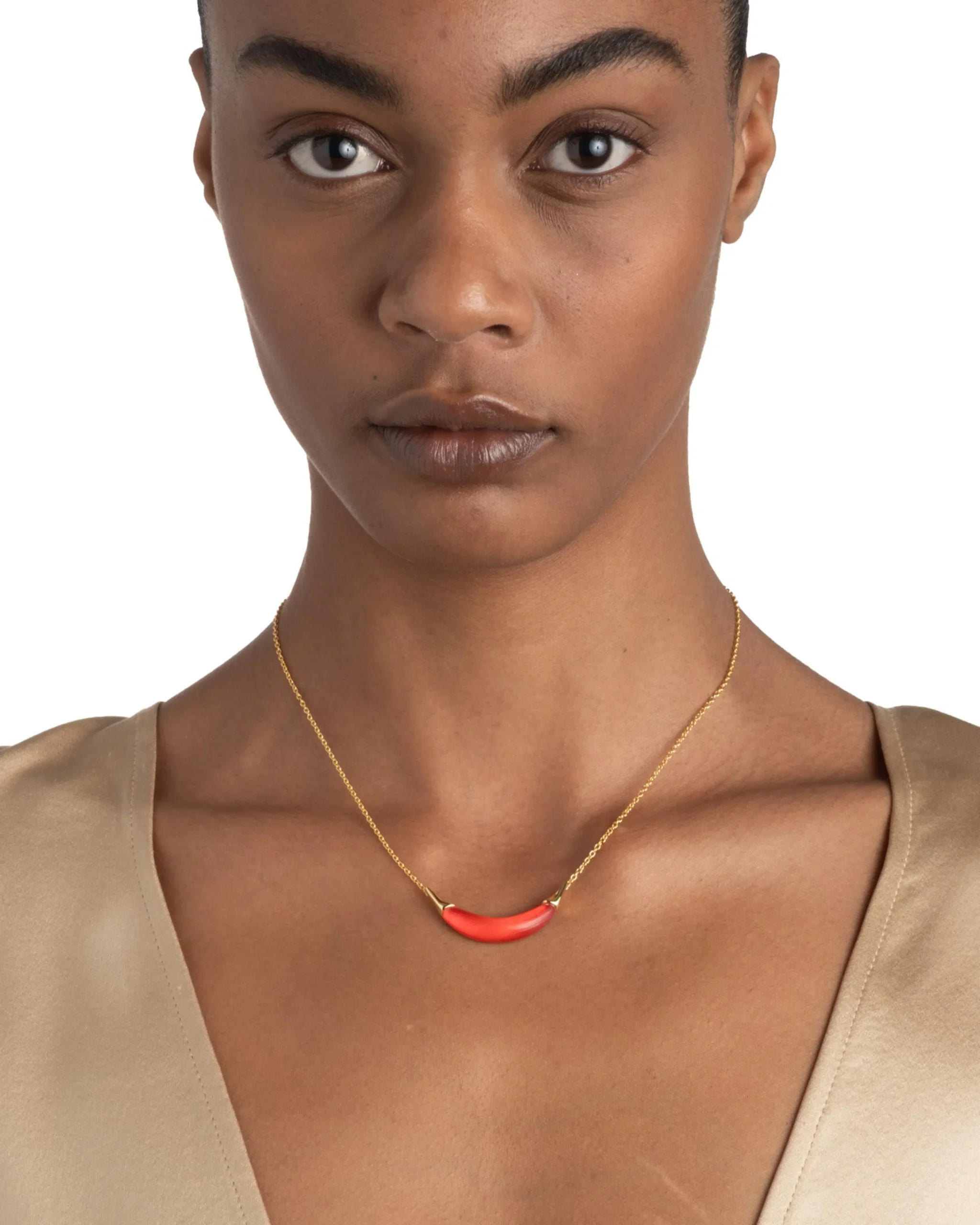 Gold Capped Crescent Lucite Necklace- Lipstick Red