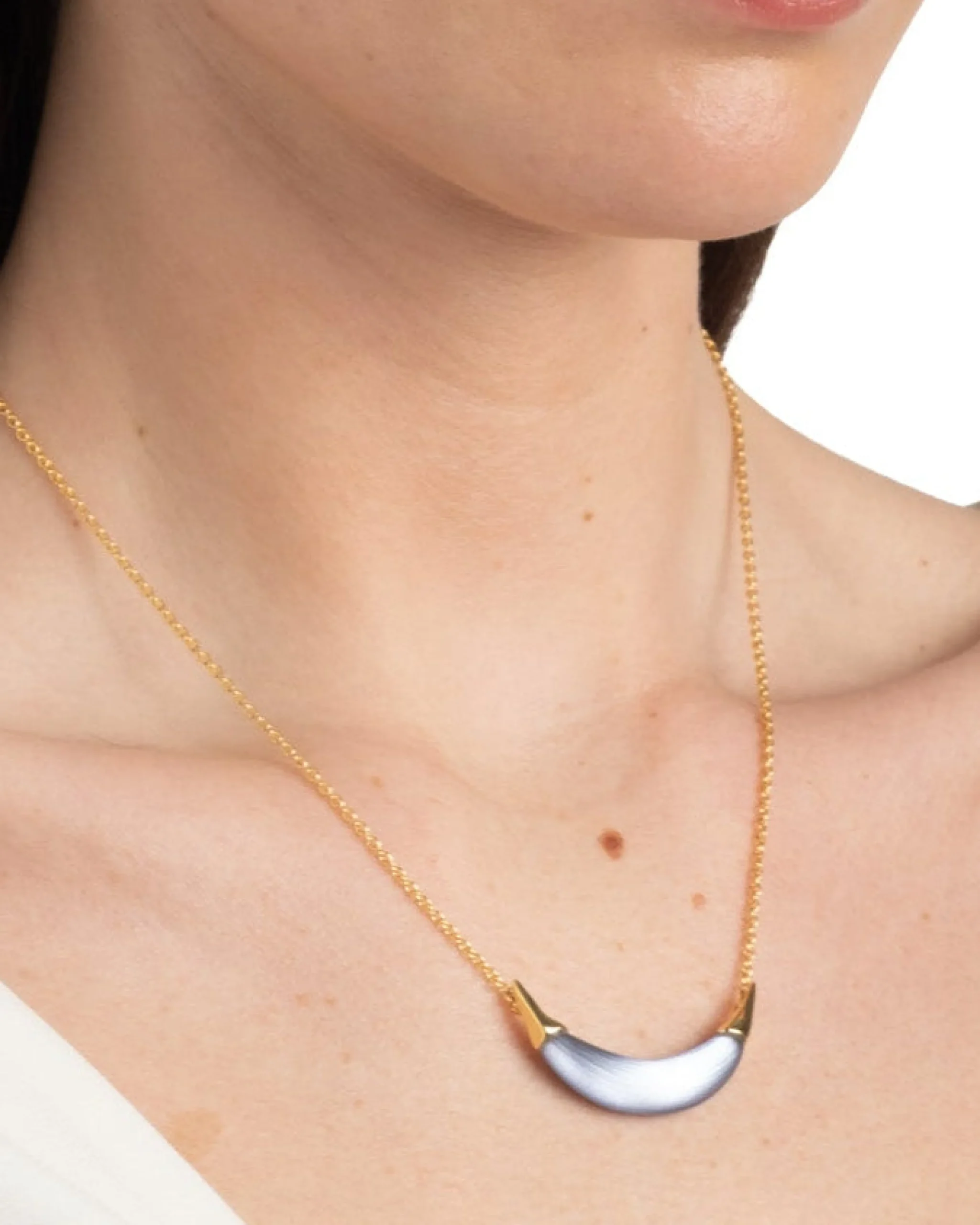 Gold Capped Crescent Lucite Necklace- Steel Blue