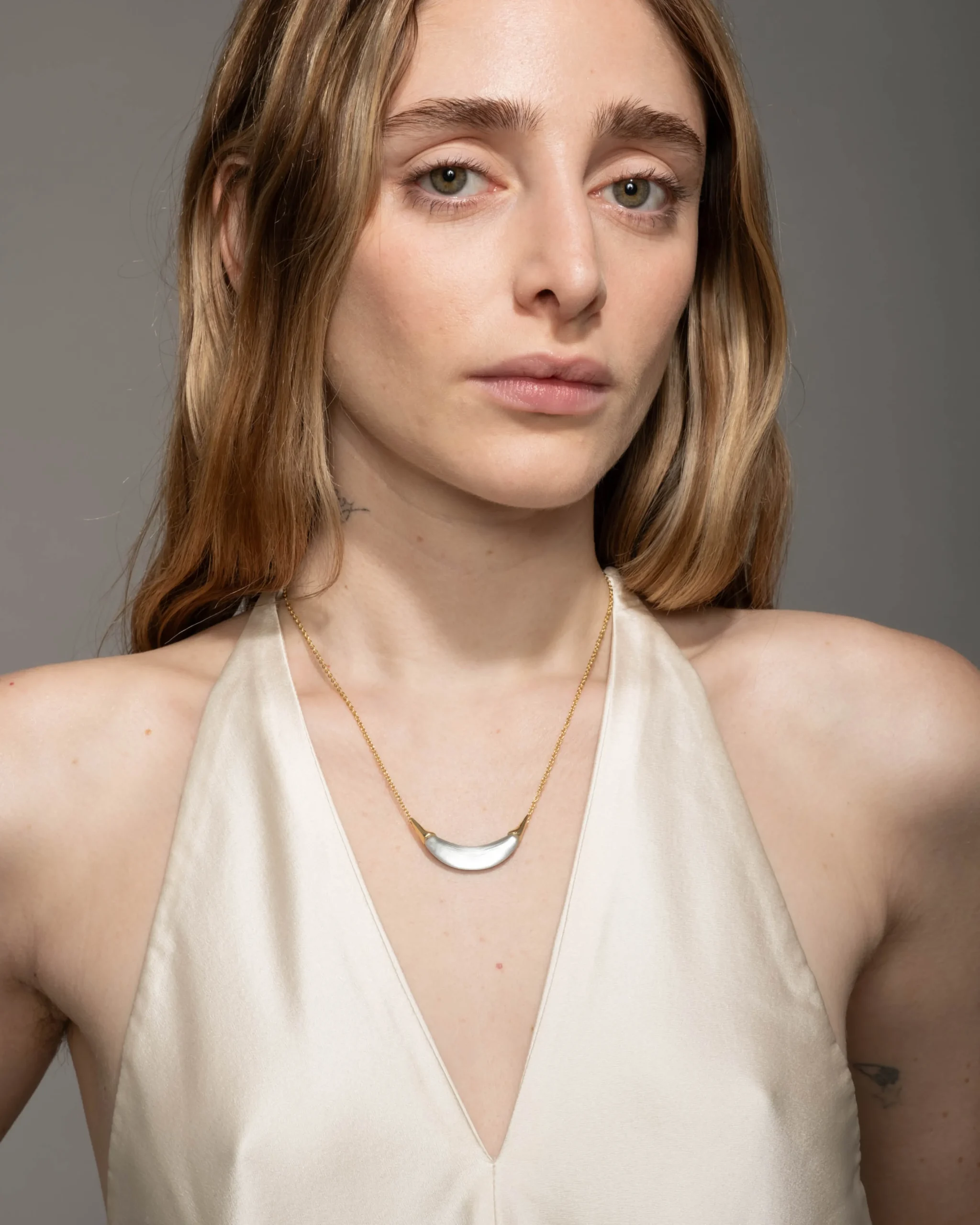 Gold Capped Crescent Lucite Necklace- Silver