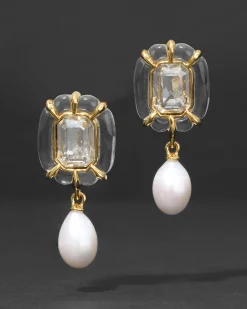 Liquid Lucite Jeweled Freshwater Pearl Drop Earring- Clear