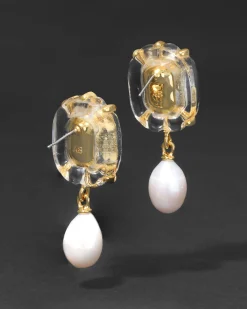 Liquid Lucite Jeweled Freshwater Pearl Drop Earring- Clear