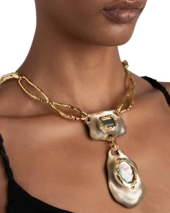 Lucite Brutalist Black Mother of Pearl Doublet Necklace- Warm Grey