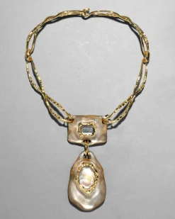 Lucite Brutalist Black Mother of Pearl Doublet Necklace- Warm Grey