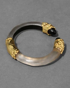Lucite Brutalist Black Obsidian Hinge Bracelet- Warm Grey