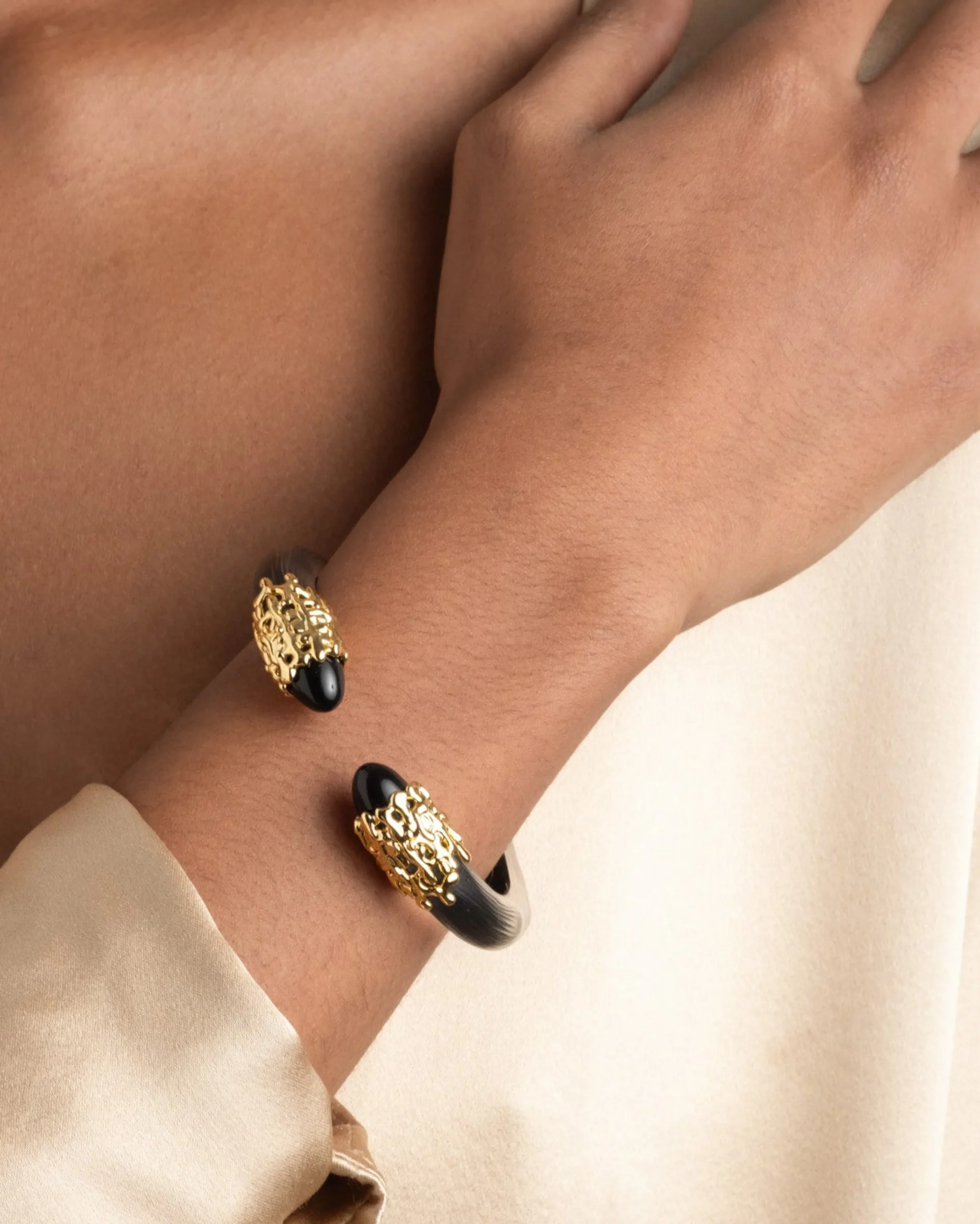 Lucite Brutalist Black Obsidian Hinge Bracelet- Black