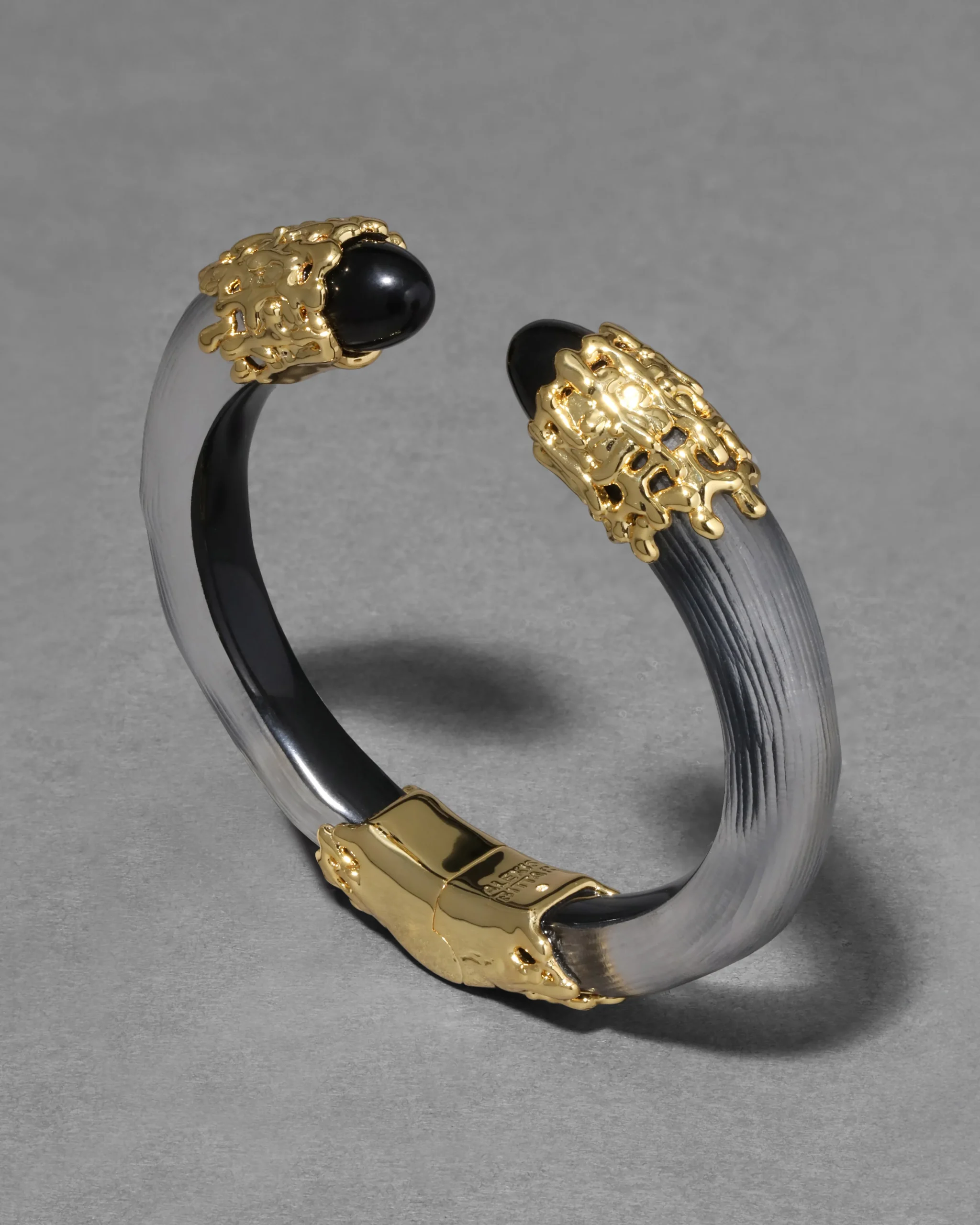Lucite Brutalist Black Obsidian Hinge Bracelet- Black
