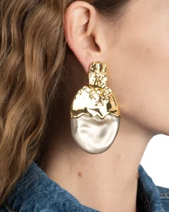 Lucite Brutalist Gilded Disc Clip Earring- Warm Grey