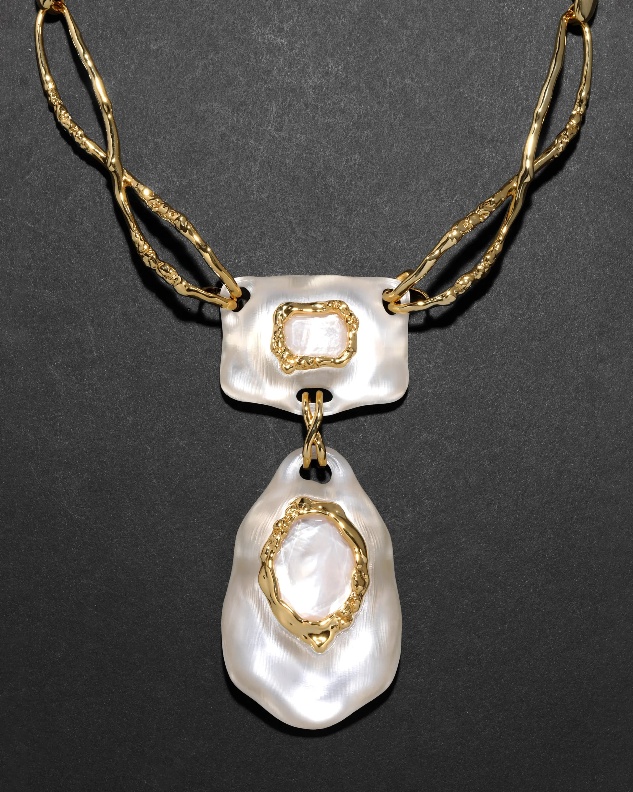 Lucite Brutalist White Mother of Pearl Doublet Necklace- Silver