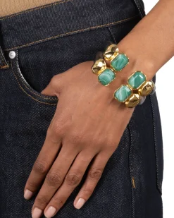 Lucite Green Agate Capped Hinge Bracelet- Black