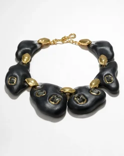 Lucite Jeweled Pebble Necklace- Black