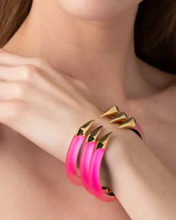 Mirrored Pyramid Lucite Brake Hinge Bracelet - Neon Pink